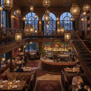 The ornate and warmly lit interior of Leila San Diego, a romantic Middle Eastern restaurant in the North Park neighborhood, showcasing its detailed decor and inviting atmosphere.