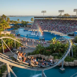 A sunny day at SeaWorld San Diego, showing the thrilling Manta roller coaster in the foreground and a spectacular dolphin show in the background for visitors to enjoy.