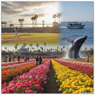 Colorful blooming flowers in Carlsbad, San Diego during springtime with people enjoying the scenery.