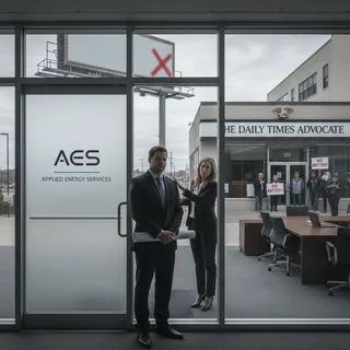 Modern office building exterior with "Applied Energy Services" signage, representing a business facing community opposition.