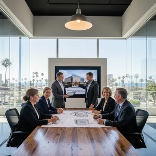Community leaders and philanthropists in a modern office setting discussing the establishment of a permanent Holocaust museum.