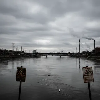 Urban river with industrial infrastructure under overcast skies