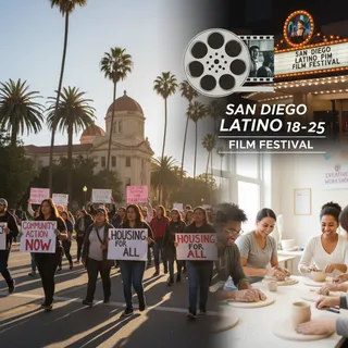 San Diego skyline with a calendar graphic highlighting March 19-25, showcasing event icons for film, education, and protest