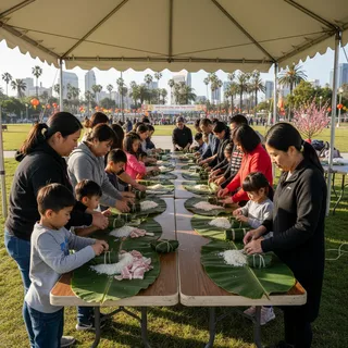 San Diego families gather at Henwood Memorial Park to prepare traditional b&aacute;nh t&eacute;t rice cakes for Lunar New Year.