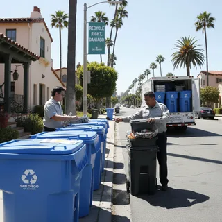 Light blue recycling bins on a San Diego sidewalk, with a city worker in the background issuing a warning notice.