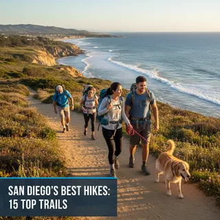 Coastal trail with hikers overlooking the Pacific Ocean in San Diego County.