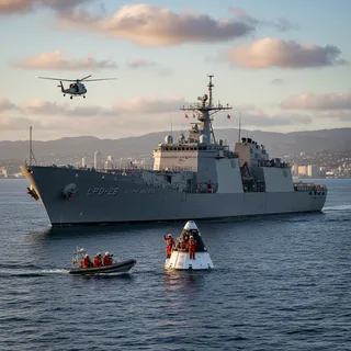 USS John P. Murtha warship in the Pacific Ocean prepares for astronaut recovery mission.