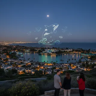 Drone light show over a bay near SeaWorld, replacing traditional fireworks.