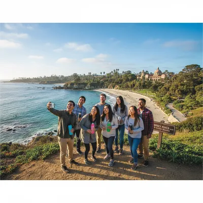 Sunlit San Diego coastline with gentle waves and sandy shores under a clear sky.