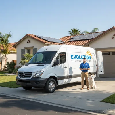 A branded Evolution Electrical service van parked on a residential street in San Diego, ready to provide professional electrical services to a local home.