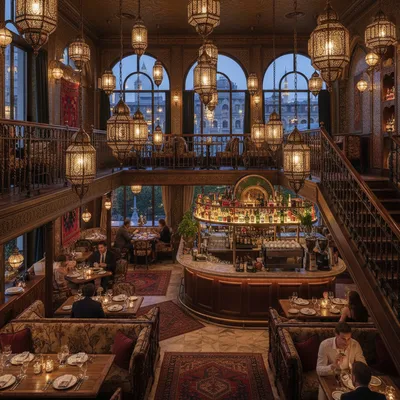 The ornate and warmly lit interior of Leila San Diego, a romantic Middle Eastern restaurant in the North Park neighborhood, showcasing its detailed decor and inviting atmosphere.