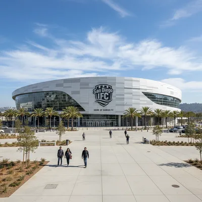The sunlit, modern architectural facade of Snapdragon Stadium in San Diego, the official home ground for the San Diego FC soccer team.