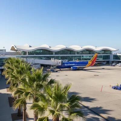 The modern Terminal 2 building at San Diego International Airport on a clear day, with a passenger airplane docked at the gate and palm trees nearby.