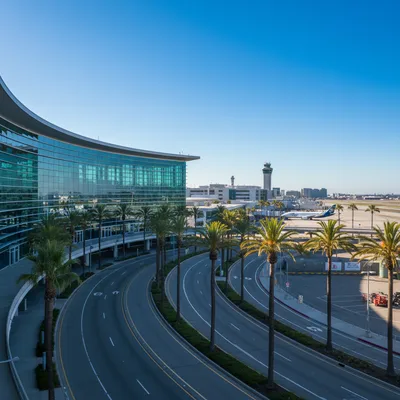 The modern glass and steel facade of the main terminal building at San Diego International Airport under a clear, sunny sky with palm trees nearby.