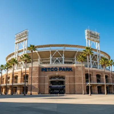 The sunlit exterior of Petco Park, the home stadium of the San Diego Padres, showing its modern architecture with sandstone walls and prominent signage under a clear blue sky.