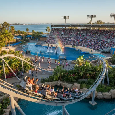A sunny day at SeaWorld San Diego, showing the thrilling Manta roller coaster in the foreground and a spectacular dolphin show in the background for visitors to enjoy.
