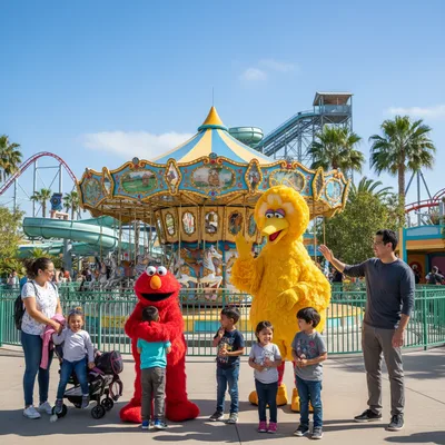 Families with young children meeting Sesame Street characters like Elmo and Cookie Monster at the sunny Sesame Place theme park in San Diego.