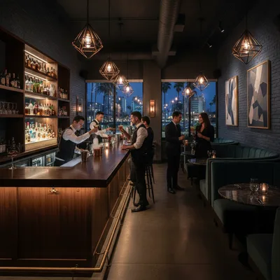The stylish and moody interior of the Starlite restaurant and bar in the Mission Hills neighborhood of San Diego, with patrons enjoying the elegant ambiance.