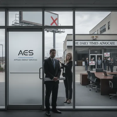 Modern office building exterior with "Applied Energy Services" signage, representing a business facing community opposition.