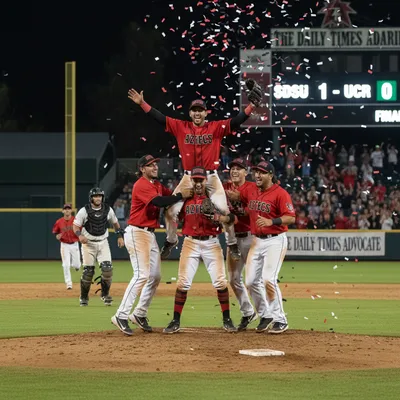San Diego State Aztec pitchers celebrate their historic no-hitter victory on the field.