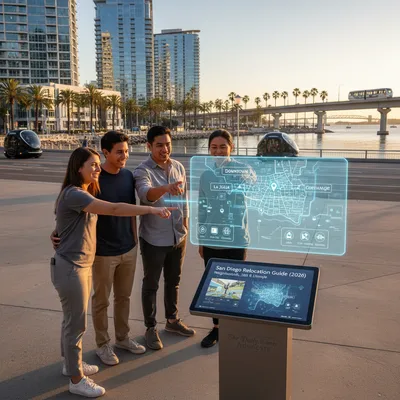 San Diego skyline with diverse neighborhoods and coastal landmarks, representing relocation opportunities.