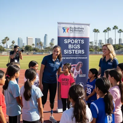 Paralympian Beatriz Hatz smiles while speaking at a press event for a new youth sports program.