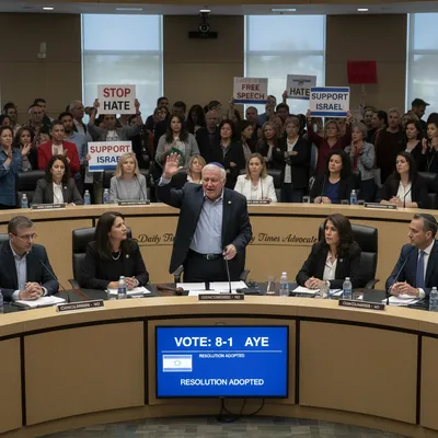 San Diego City Council members in a chamber during a heated debate and vote on a controversial resolution.