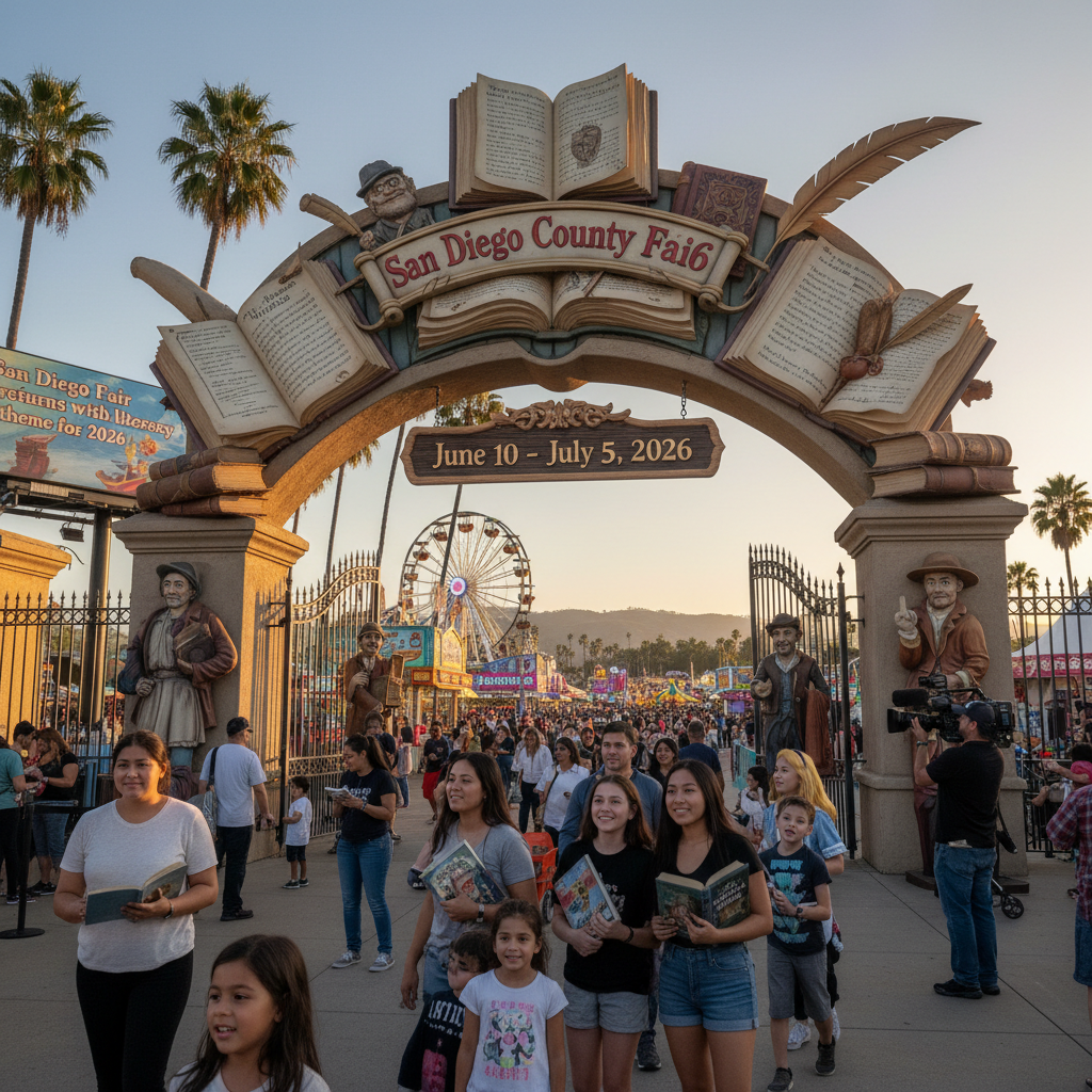 San Diego County Fair features a book-themed display with vibrant colors and a large crowd enjoying the festivities.