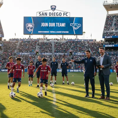 San Diego FC facility with soccer fields and a modern building, possibly the team's headquarters.