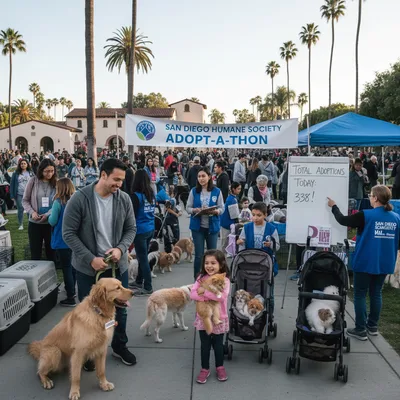 Shelter dogs and cats at an adoption event, with staff facilitating connections with potential adopters.