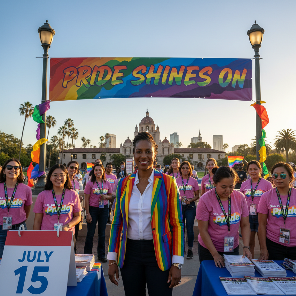 KishaLynn Elliott stands before the San Diego Pride sign, ready for the annual celebration.