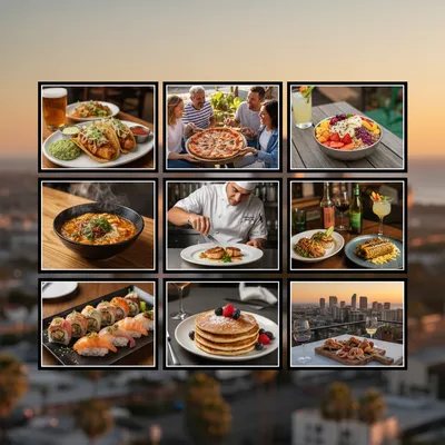 Photorealistic restaurant guide featuring diverse San Diego eateries with realistic settings.