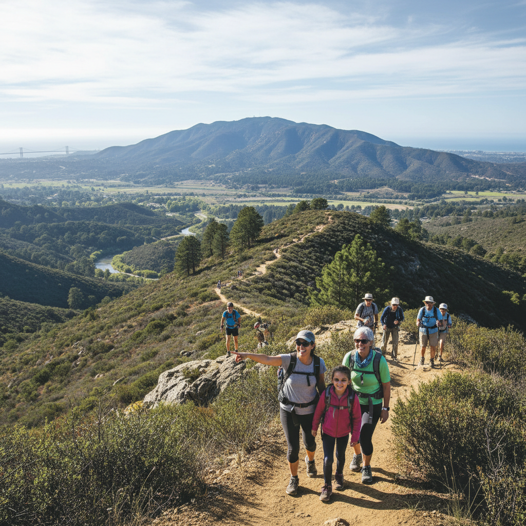 Sunlit mountain trail winding through coastal sagebrush with ocean in the distance.