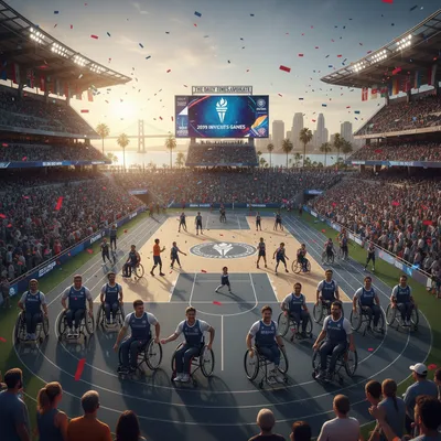 San Diego stadium with blurred athletes in the foreground for the Invictus Games bid