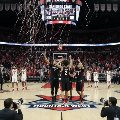 San Diego State basketball players celebrate after a close win