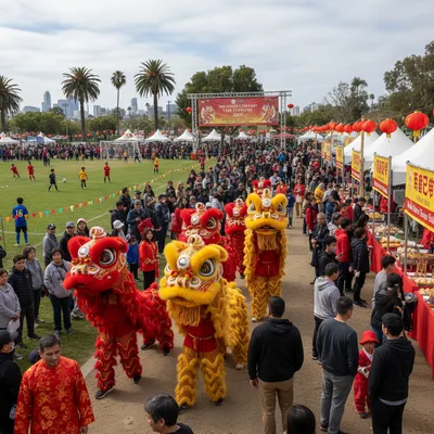 A vibrant festival with lion dancers, soccer players, and food stalls, celebrating the Year of the Fire Horse in City Heights.