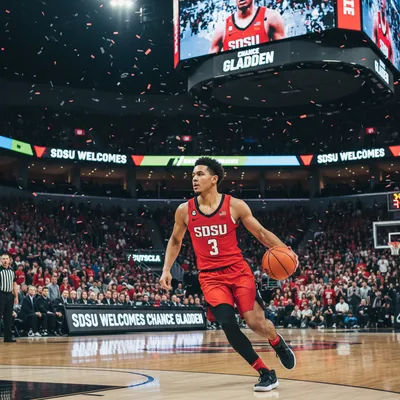Chance Gladden, decorated point guard, in a dynamic action shot for SDSU basketball.