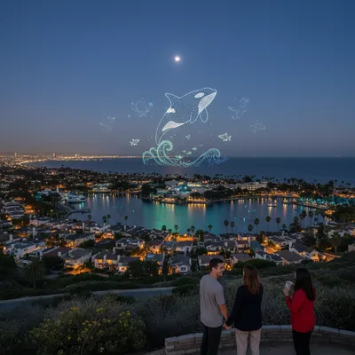 Drone light show over a bay near SeaWorld, replacing traditional fireworks.