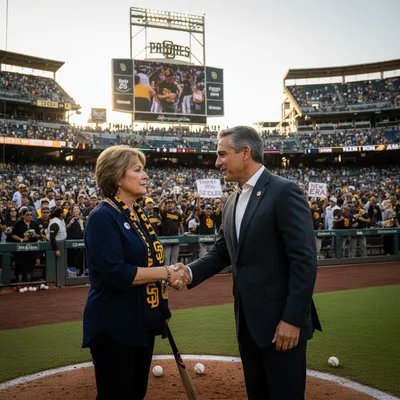 San Diego Padres baseball field with family and potential buyers in background, hinting at sale