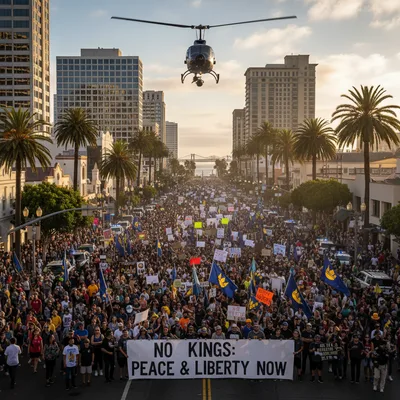Protesters rally with signs and flags in a large crowd in San Diego County.