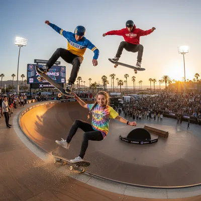 Three skateboarders in action, including Tom Schaar, Bryce Wettstein, and Tate Carew, at a stadium during the X Games League inauguration.
