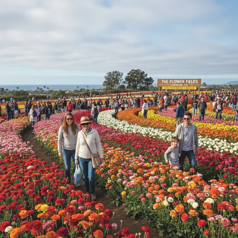 People stroll through vibrant pink and yellow ranunculus flowers during springtime at the Flower Fields in Carlsbad.