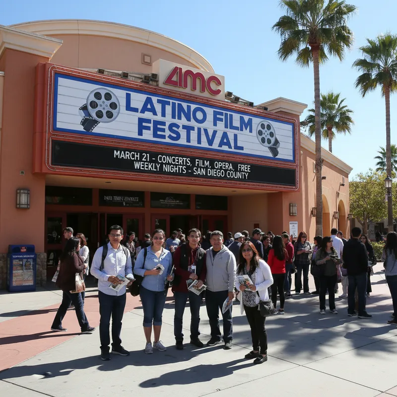 AMC Mission Valley 20 entrance decorated for the Latino Film Festival on March 21.