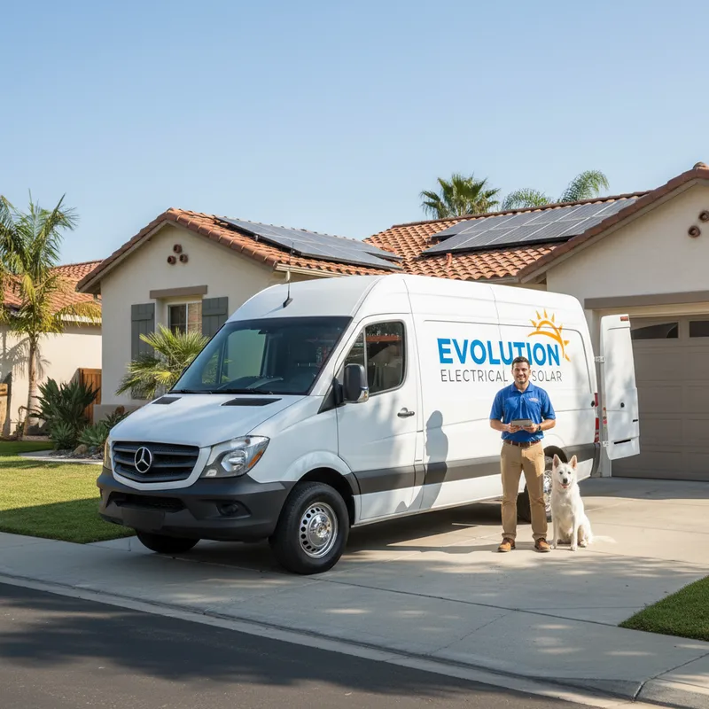 A branded Evolution Electrical service van parked on a residential street in San Diego, ready to provide professional electrical services to a local home.