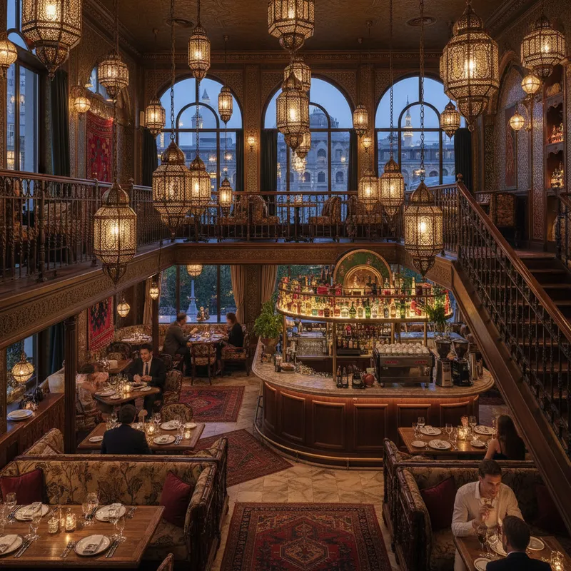 The ornate and warmly lit interior of Leila San Diego, a romantic Middle Eastern restaurant in the North Park neighborhood, showcasing its detailed decor and inviting atmosphere.