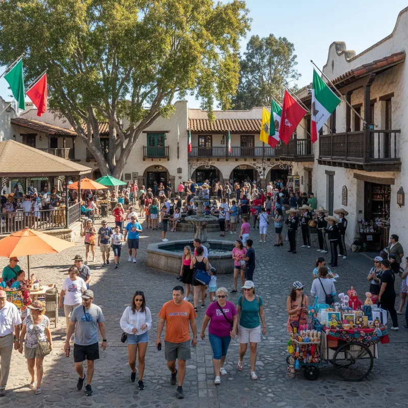 The central plaza of Old Town San Diego State Historic Park on a sunny day, showing the historic adobe architecture and lush greenery.