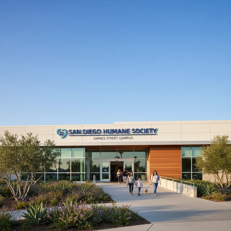 The sunny front entrance of the San Diego Humane Society campus on Gaines Street, a modern facility dedicated to animal welfare in San Diego.