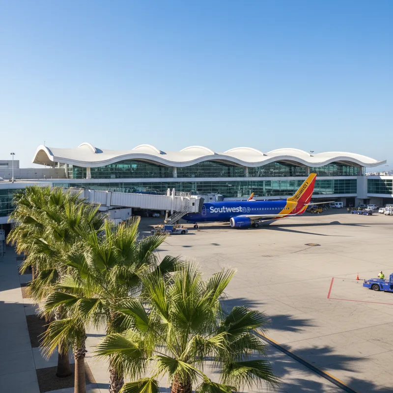 The modern Terminal 2 building at San Diego International Airport on a clear day, with a passenger airplane docked at the gate and palm trees nearby.
