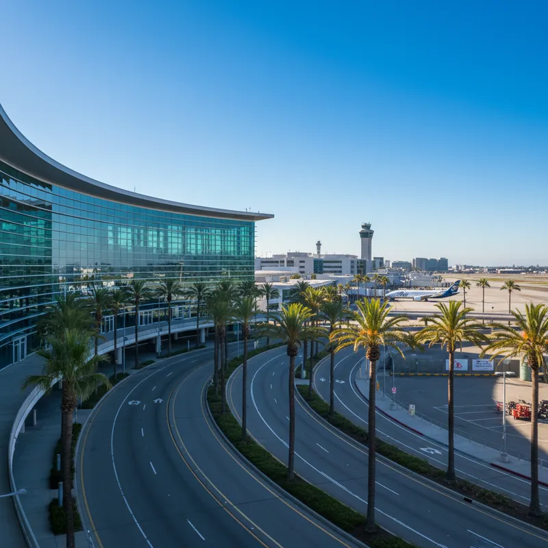 The modern glass and steel facade of the main terminal building at San Diego International Airport under a clear, sunny sky with palm trees nearby.