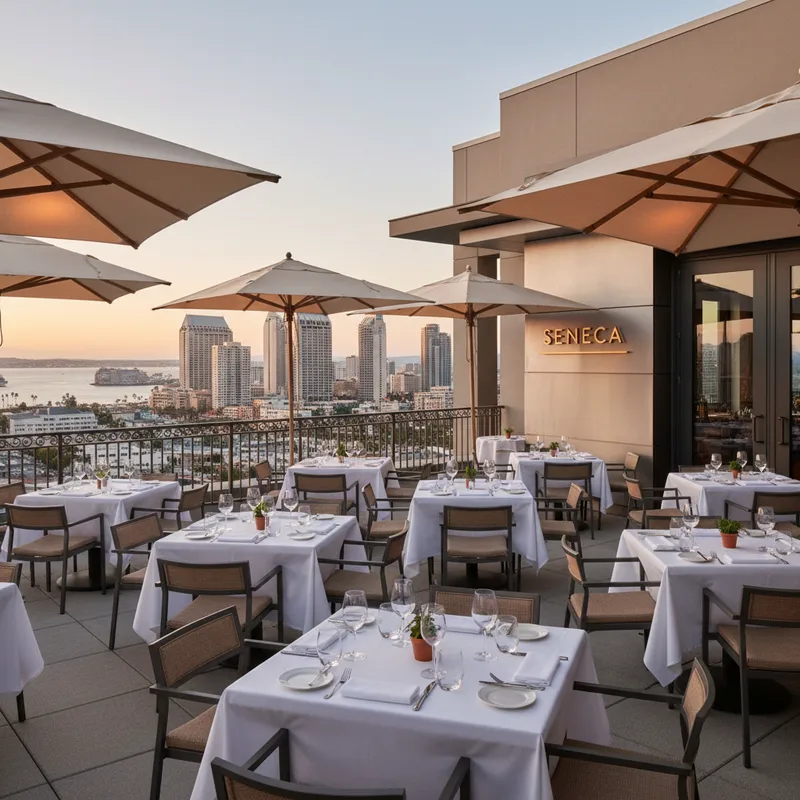 The rooftop dining area of Seneca trattoria at the InterContinental hotel in San Diego, overlooking the marina at sunset.